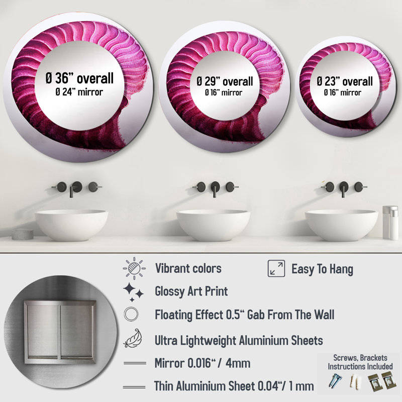 Seit magenta marine en forme de coquillage en spirale - grand miroir Nautilus, décor de miroir mural rond unique moderne, art imprimé en métal
