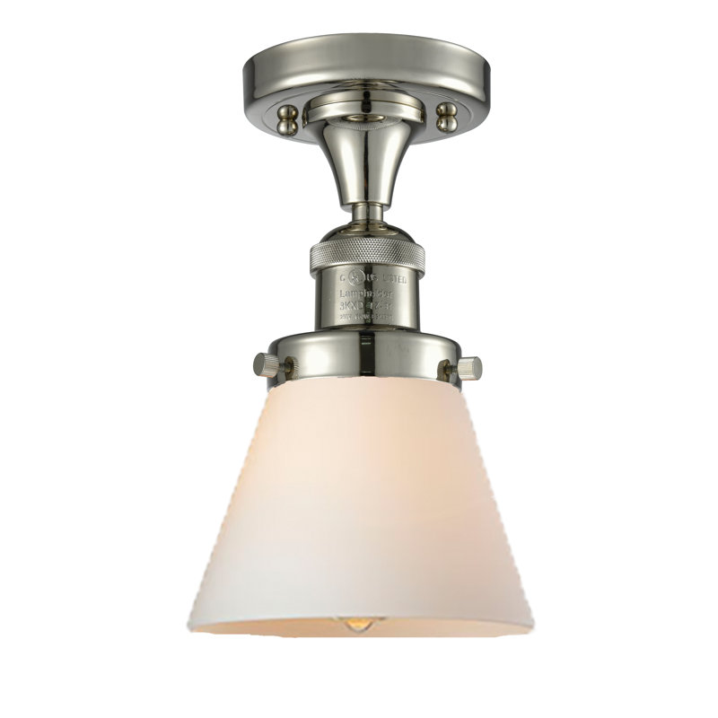 Plafonnier semi-encastré 1 lumière Cone, Boîtier blanc mat, Ampoule à DEL rétro de 6 watts, Nickel satiné brossé