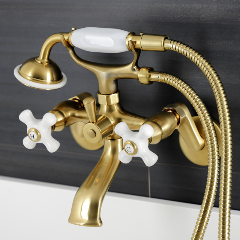 Kingston Brass Kingston Three-Handle 2-Hole Wall Mount Clawfoot Tub Faucet with Hand Shower, Brushed Brass