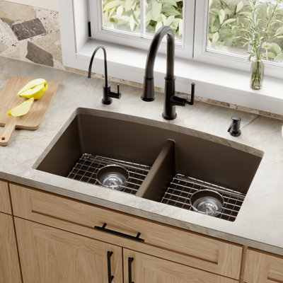 Karran Quartz 32-1/2'' X 19-1/2'' Double Bowl 50/50 Undermount Kitchen Sink Kit