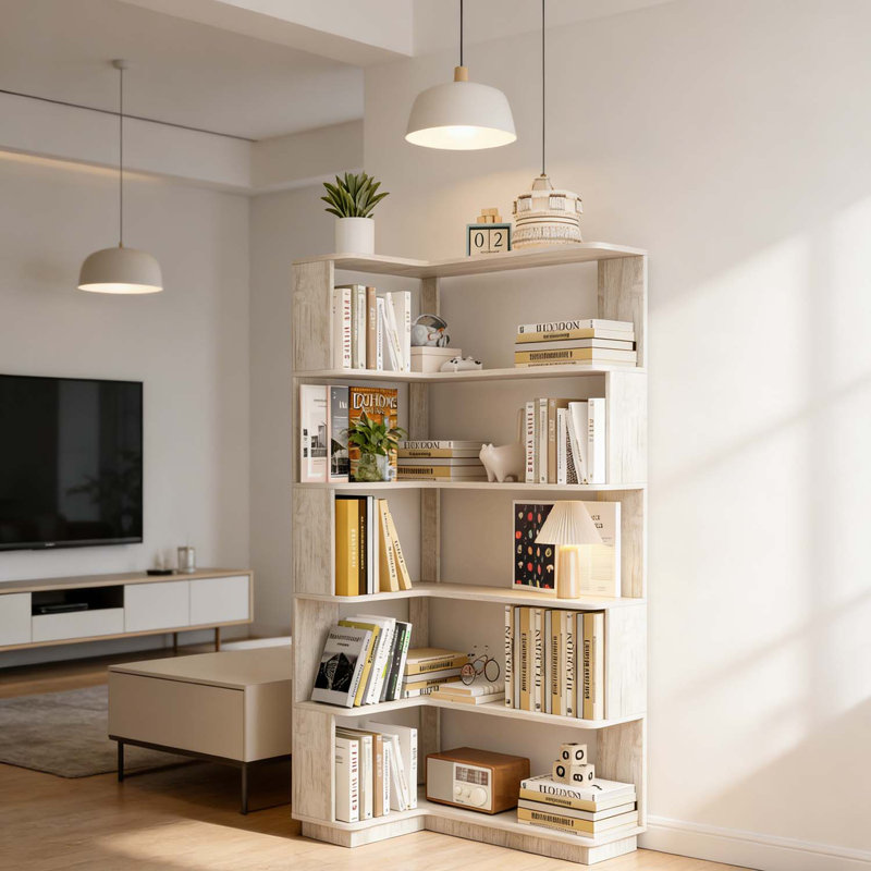 5-Tier L-Shaped Corner Bookshelf for Home and Office, Light Gray