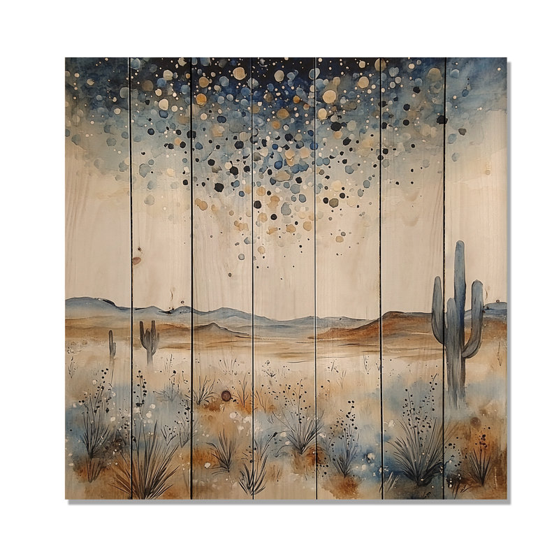 Nuit étoilée au-dessus du désert I - Art mural en bois cactus floral sur bois de pin naturel, H 25 po x l 25 po