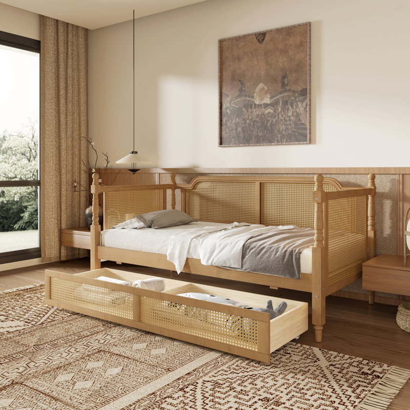 Lit de jour en rotin de style traditionnel avec 2 tiroirs pour un espace limité, chambre d'amis, aucun sommier nécessaire