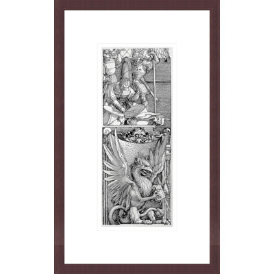 L'arche de triomphe de l'empereur Maximilien I (1459-1519): détail de l'ornement de pilier montrant un griffon ailé sous une silhouette frappant deux tambourins, un chevalier en armure et un pub en héraut. 151 par Albrecht Dürer - Impression numérique sur toile