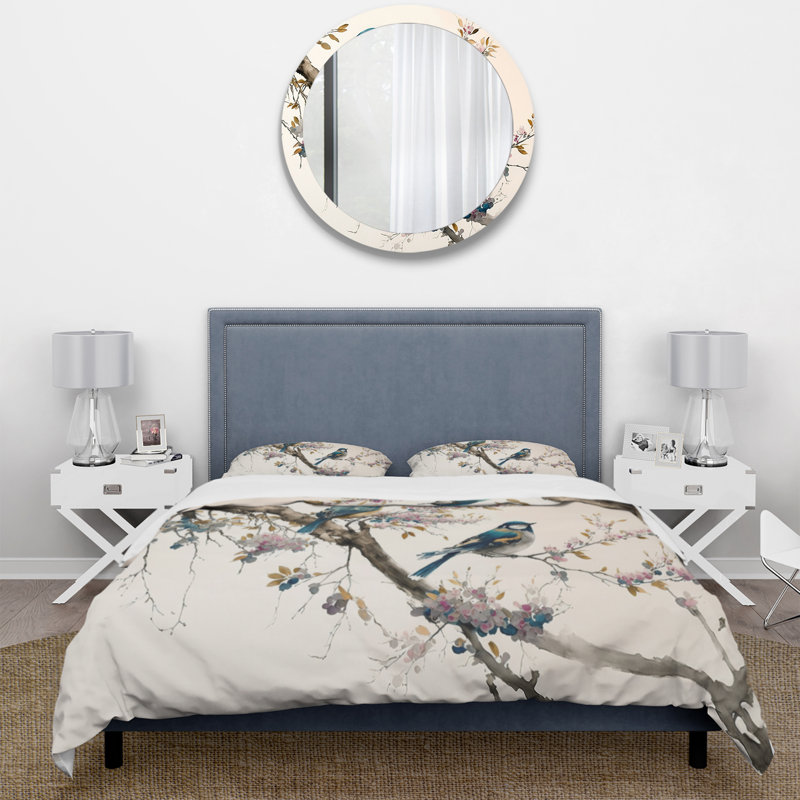 Ensemble de housse de couette multicolore Birds On Plum Blossoms, Housse de couette simple + 1 taie décorative stan