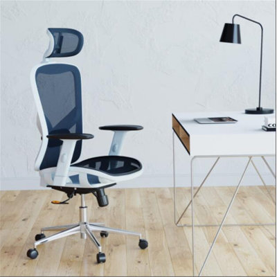 Fauteuil de bureau haut dossier en filet avec accoudoirs, appui-tête et soutien lombaire, chaise, chaise de bureau, chaise d'ordinateur, chaise moderne, bleu