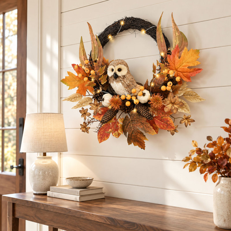 Couronne d'automne lumineuse de 45 cm (18 pouces) avec citrouille et hibou, idéale pour la porte d'entrée.