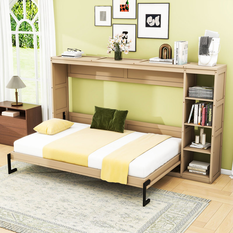 Lit escamotable avec tablettes de rangement Murphy, Naturel, Double
