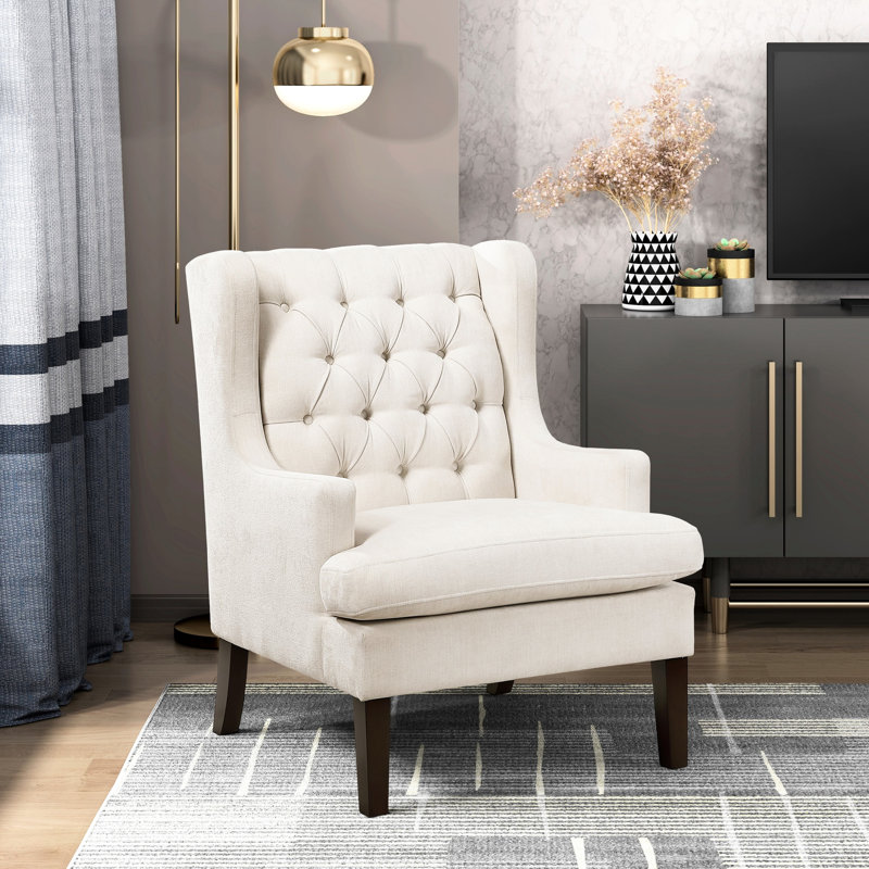 Chaise d'appoint attachée à dossier en bois d'hévéa avec revêtement en tissu beige