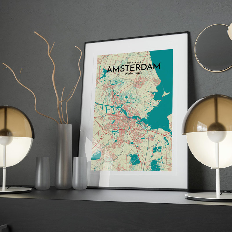 « amsterdam city map », reproduction d’impression sur affiche, H 17 po x l 11 po