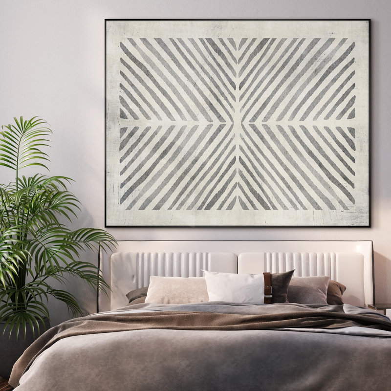 Motif géométrique moderne avec motif de lignes noires et blanches, très grand encadré (assemblage requis), H 36 po x l 46 po