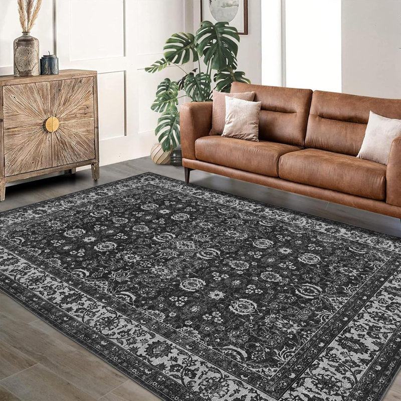 Non-Slip Washable Kitchen & Hallway Runner Rug, Low Pile Vintage Floral, Stain Resistant, Rectangle 5' x 7'