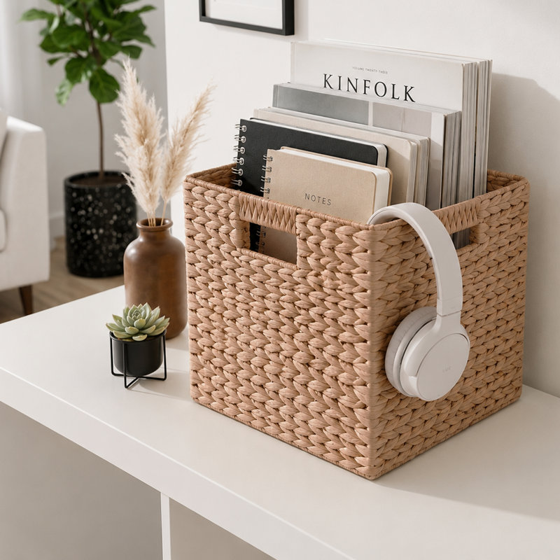 Ensemble de 4 paniers de rangement pliables en jacinthe d'eau SOLHome, naturel, 11,0 po x 11,0 po x 9,8 po, paniers tissés à la main avec poignées découpées - Organisateur de placard, Panier à jouets, Panier de chambre de bébé