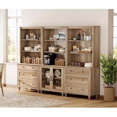 Garde-manger de 101 po avec huche de bar, huche de salle à manger avec 2 portes en verre, 6 tiroirs et 3 tablettes à niveaux pour la cuisine, la décoration intérieure, le salon et le bureau à domicile