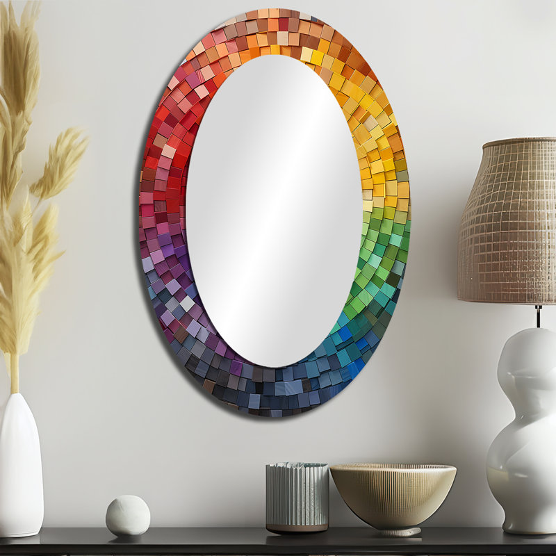 Colorful Spiraling Mosaic - Large Oval Wall Mirror On Metal, 36" x 24"