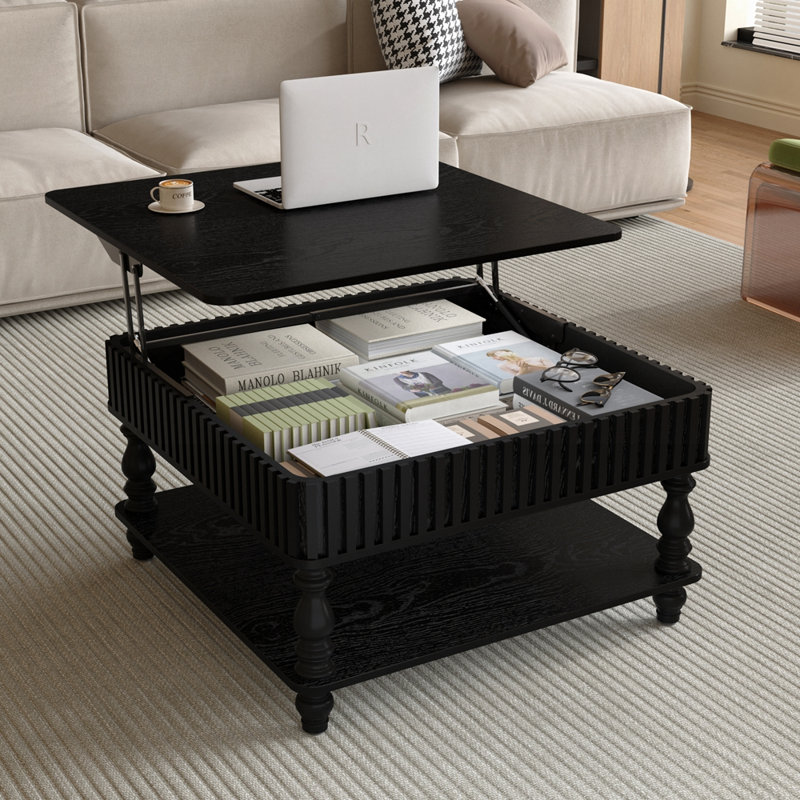 Table basse à plateau relevable de 47,24 po, assemblage sans outil, conception en bois massif avec texture cannelée et pieds romains