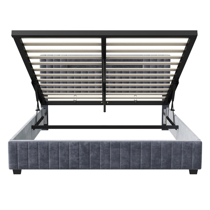 Velvet Ottoman Bed, Smart RGB LED Headboard With Vertical Tufting, European Double (140X200cm) & King (160X200cm) , Grey