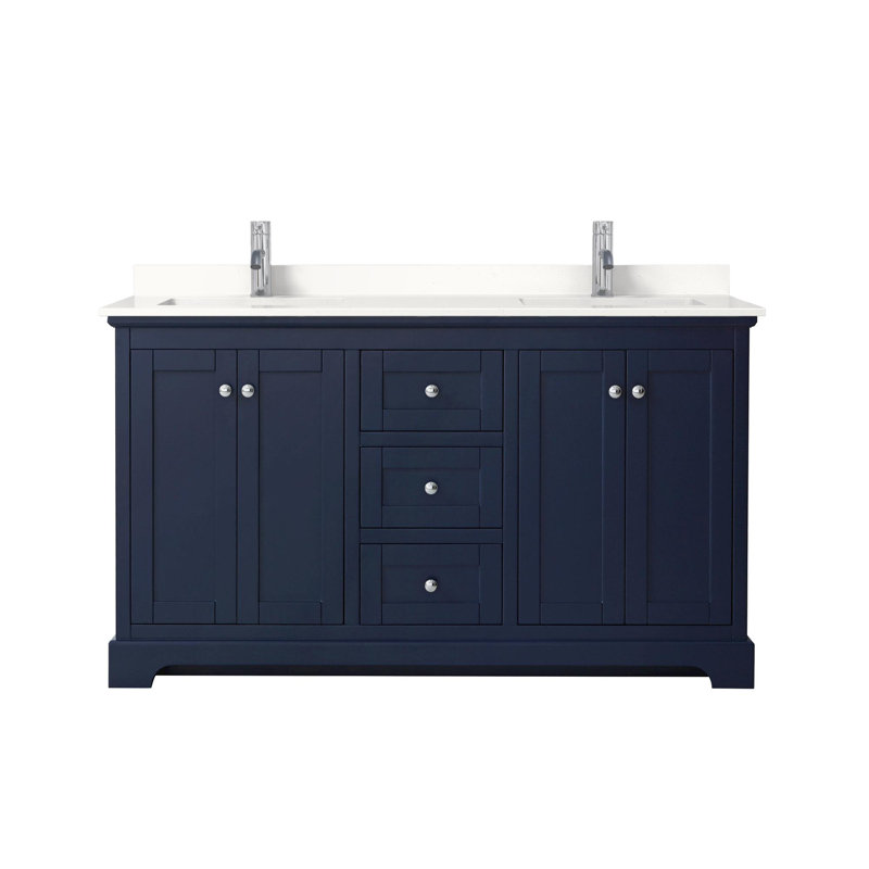 Meuble-lavabo double autoportant avec plateau Avery, Quartz blanc, Bleu foncé, Chrome poli