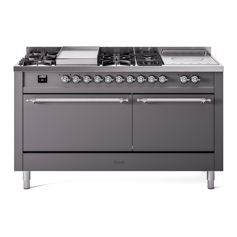 Cuisinière à double combustible ILVE Nostalgie II Series 60 po avec 7 brûleurs scellés, plaque de cuisson et table française (propane liquide, porte pleine)