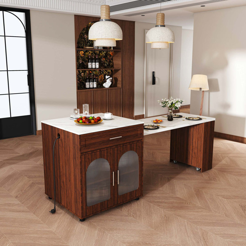 80-Inch Expandable Kitchen Island With Dining Table, Marble-Grain Countertop With Power Outlet, Mobile Storage Cart With Cabinet & 2 Drawers, Walnut Finish Kitchen Prep Table
