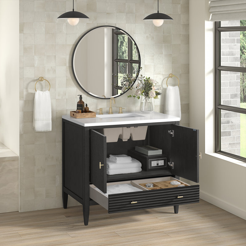 Myrrin 36'' W Single Vanity, Carbon Oak, White Zeus, 8" Widespread