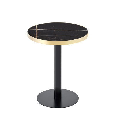 23.6" Faux Marble Small Dining Table with Pedestal Base & Stainless Steel Edge Banding, High-Gloss UV Top Accent Table for 2, Kitchen Living Room Cafe.