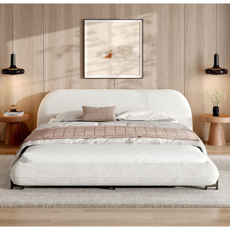 Structure de lit tapissier pour grand lit avec pieds en acier robustes et tissu bouclé doux