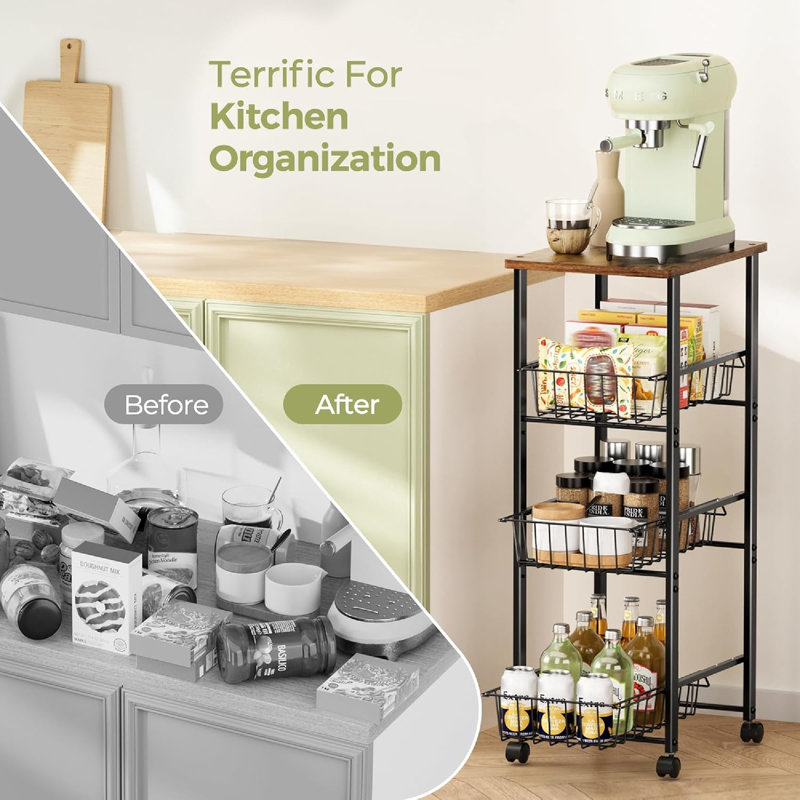 4-Tier Rolling Kitchen Organizer Cart With Slide-Out Baskets And Tabletop For Efficient Food Storage And Snack Organization (Modern, Space-Saving Design)