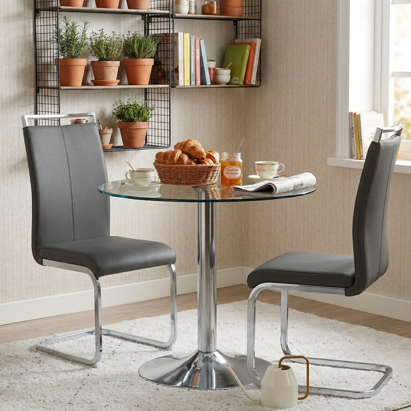 Amari 3-Piece Modern Round Tempered Glass Dining Set with Metal Pedestal and Cantilever Chairs, Dark Gray, Silver