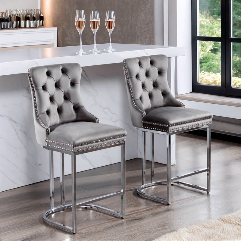 26" Counter Height Bar Stools Set Of 2, Gray Velvet