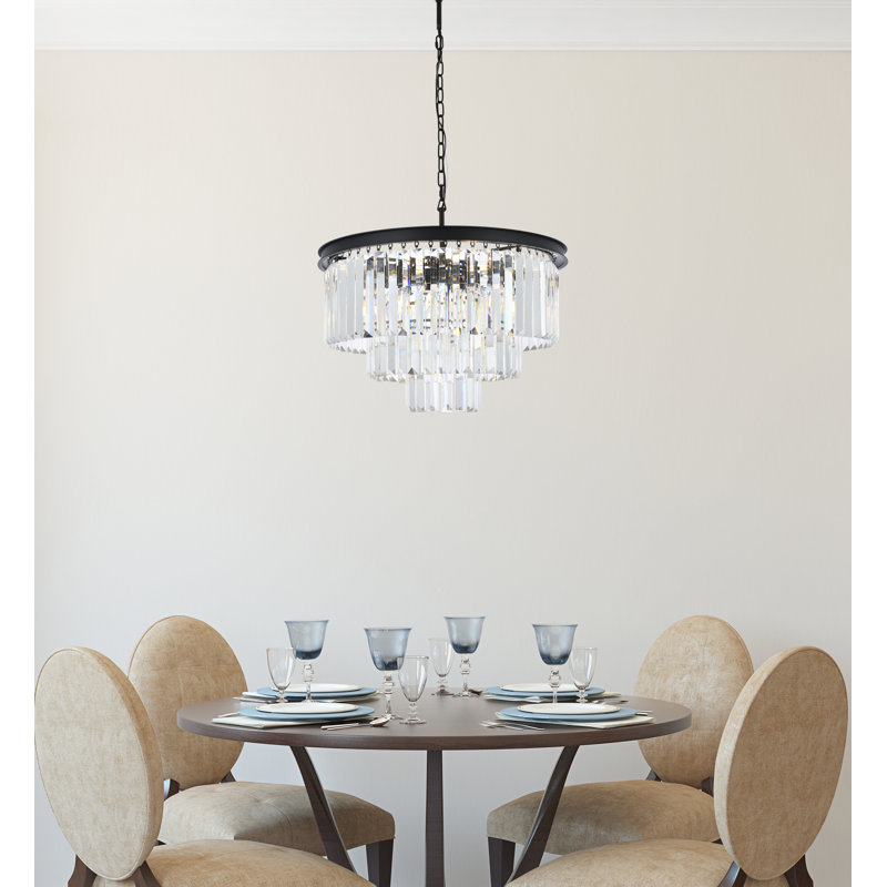 Lustre à niveaux unique 9 lumières Yazmin, Transparent, Noir mat