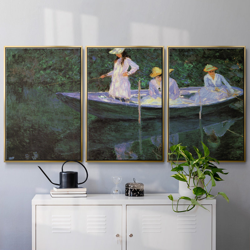 Monet - 3 pièces, reproduction encadrée sur toile, H 40 po x l 78 po x P 2 po, Encadrement doré