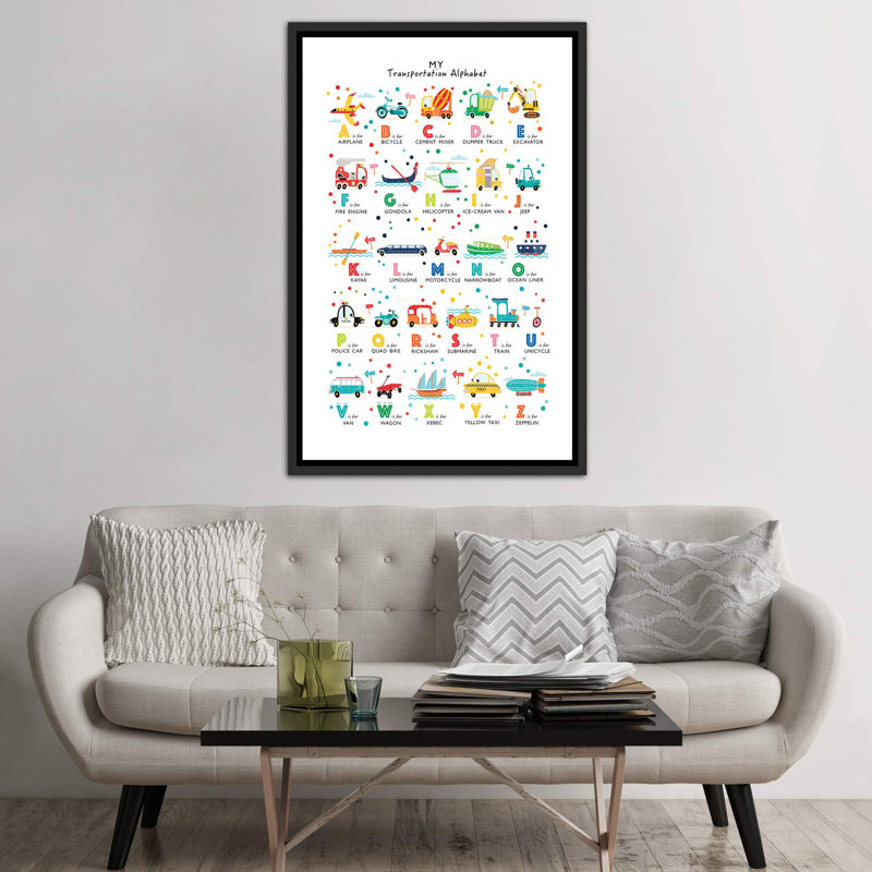 Transport - alphabet, Pas de tapis, H 60 po x l 40po x P 1,5 po, Toile avec cadre noir patiné