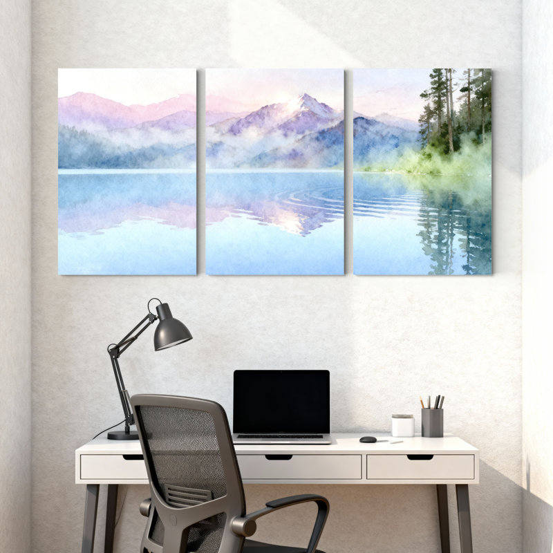 Hiver, forêt, montagne, lac, réflexion, aquarelle, ensemble de 3 reproductions d'art sur toile, H 24 po x l 48 po