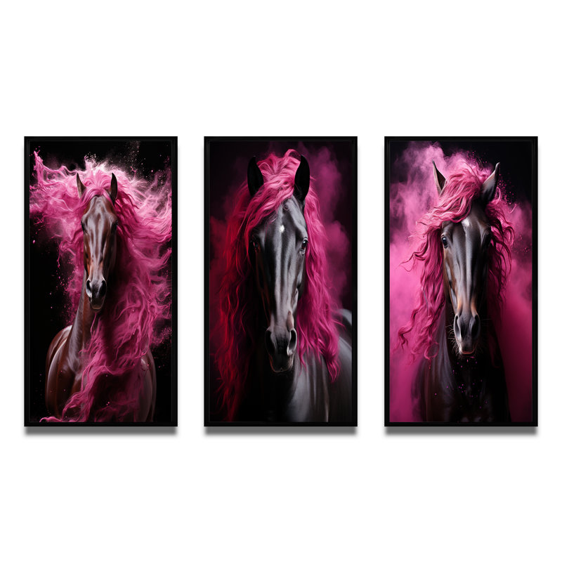 «Black Pink Horse Vibrant Equine», 3 pièces sur toile, Cadre noir, H 20 po x l 36 po
