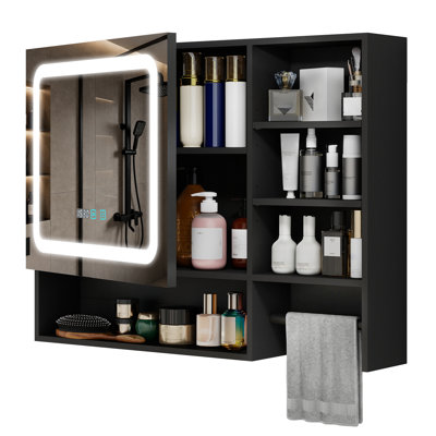80x60CM Led Bathroom Mirror Cabinet, Bathroom Storage Cupboard With Towel Rack Adjustable Shelves