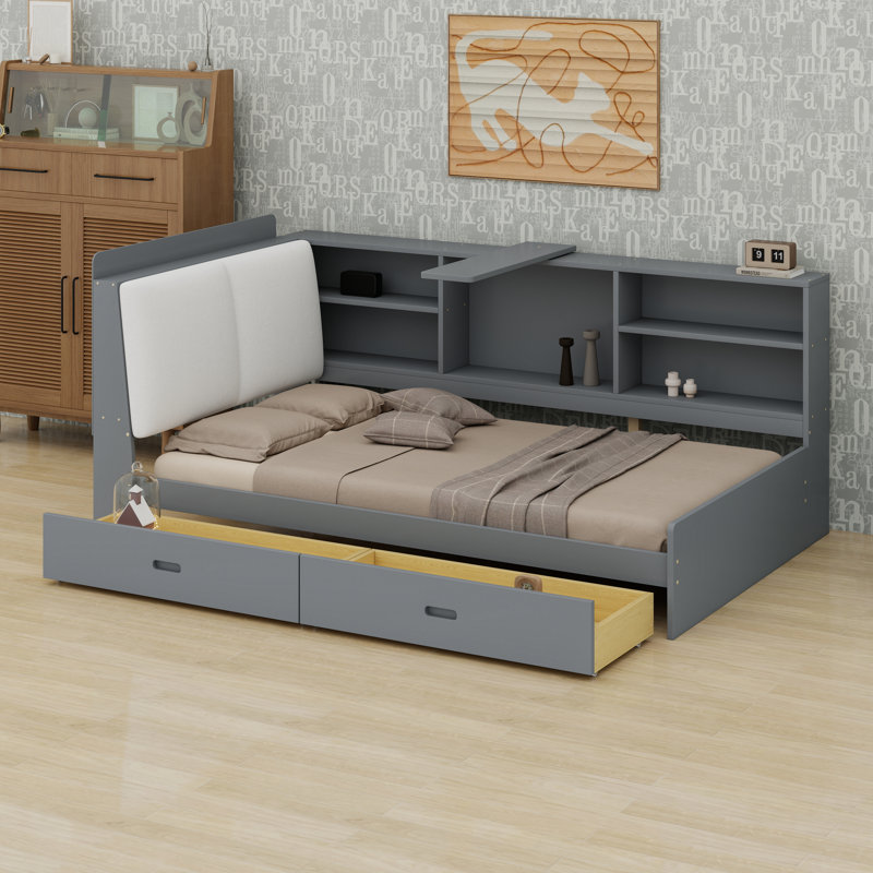 Canapé-lit multifonctionnel avec tête de lit rembourrée, deux tiroirs, tablettes et plateau de rangement rotatif, Gris