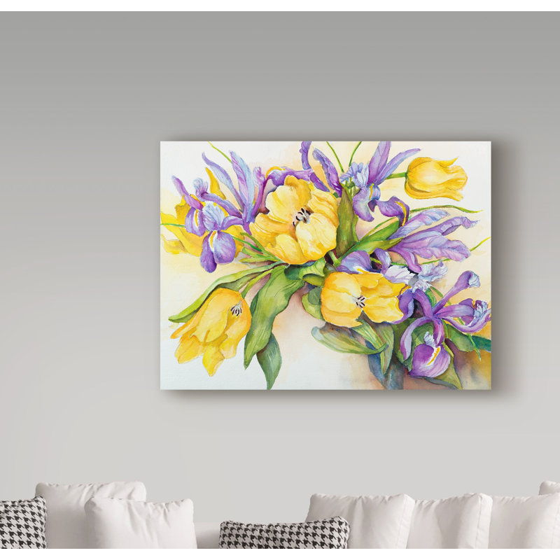 Deetra «Yellow Tulips With Blue Iris», reproduction de peinture acrylique sur toile tendue, H 14 po x l 19 po x P 2 po