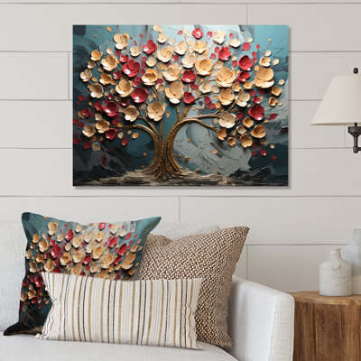 Red And Gold Flower Tree Moonlight Beauty II - Tree Metal Wall Art