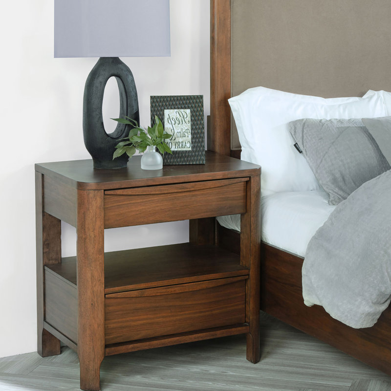 Table de chevet en noyer avec deux tiroirs, colonnes arrondies et tiroir doublé, idéale pour le rangement dans la chambre à coucher, étagère de chevet ouverte à 2 tiroirs de style Mid-Century, placage de bois de feutre brun foncé, décor