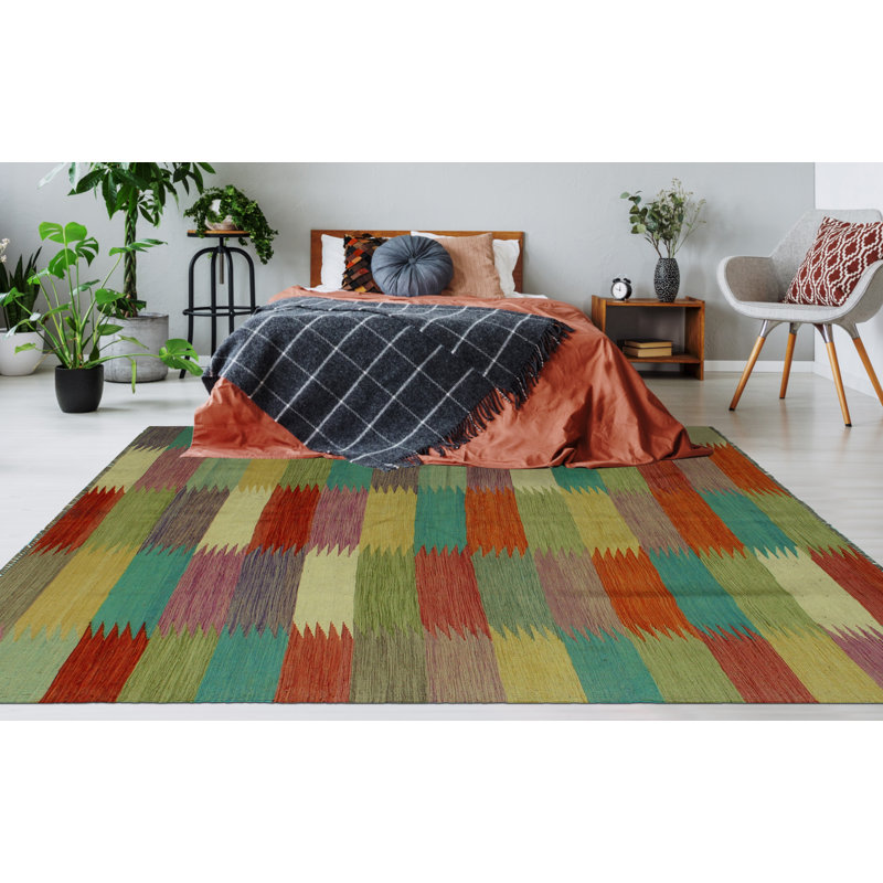 Tapis vert / rouge en laine noué à la main de conception unique 5 pi 8 po x 7 pi 1 po Jamaari
