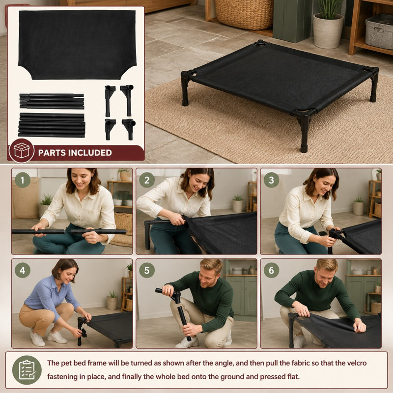 Lit surélevé robuste gris foncé pour grands chiens jusqu'à 54 kg (120 lb), utilisant un filet lavable, recyclable et durable, et une structure surélevée pour une utilisation intérieure ou extérieure.