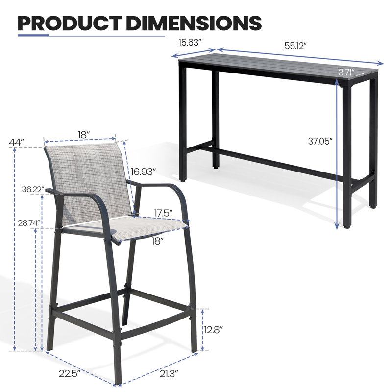 2-Person Patio Outdoor Dining Set (3-Piece Set, Rectangular Table), Gray, Gray