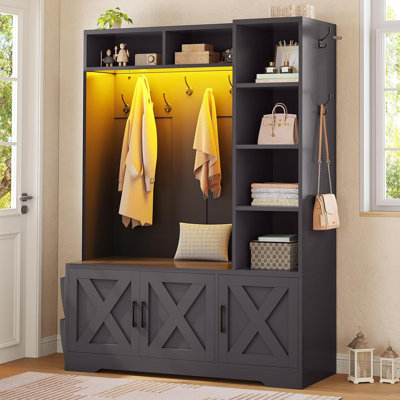  Hall Tree With Bench And Shoe Storage, Entryway Table, Entryway Furniture, Barn Door & Adjustable Shelf