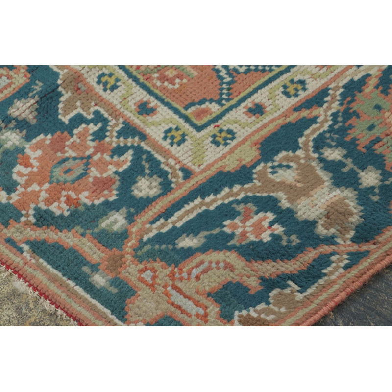 Vintage European Rug In Orange, Blue And Ivory Geometric Pattern - Rug & Kilim