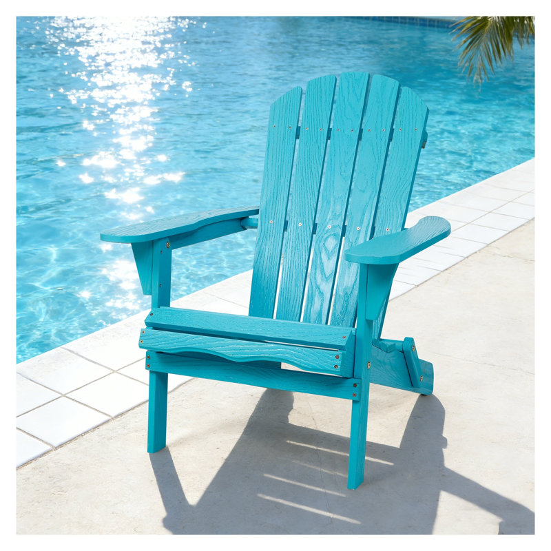 Turquoise Blue Solid Cedar Wood Folding Adirondack Chair with Embossed Wood Grain - Weather-Resistant Outdoor Patio Lounge Chair
