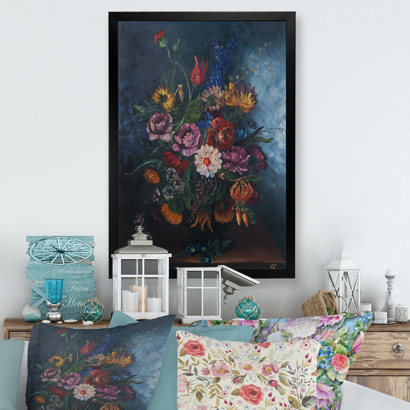 Bouquet de fleurs printanières en fleurs, Impression noire sur toile encadrée, H 20 po x l 12 po x P 1 po