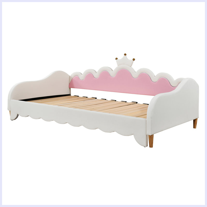 Lit de jour moderne tapissier princesse avec tête de lit couronne et lumières DEL, Blanc
