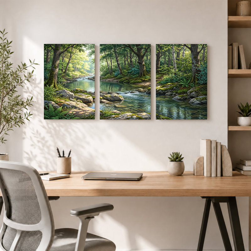 Sunlit Forest Stream avec Mossy Rocks, ensemble de 3 toiles murales, H 18 po x l 12 po x 3 pièces