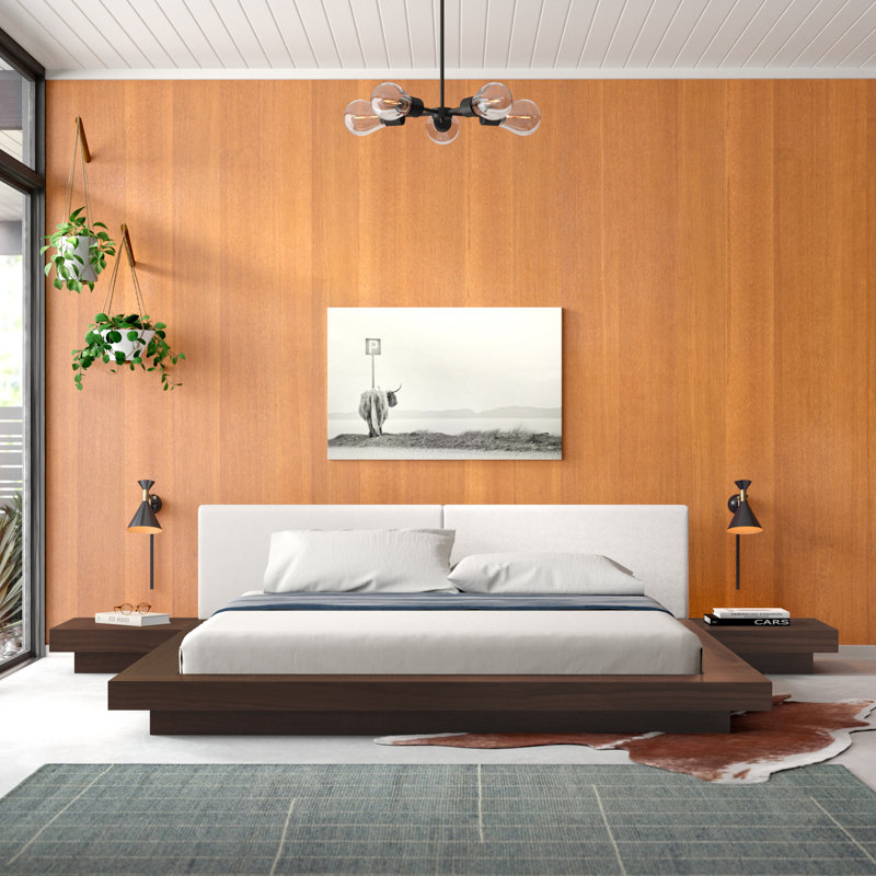 Bardella Vegan Leather Standard Bed, King, Walnut/Ecru Fabric